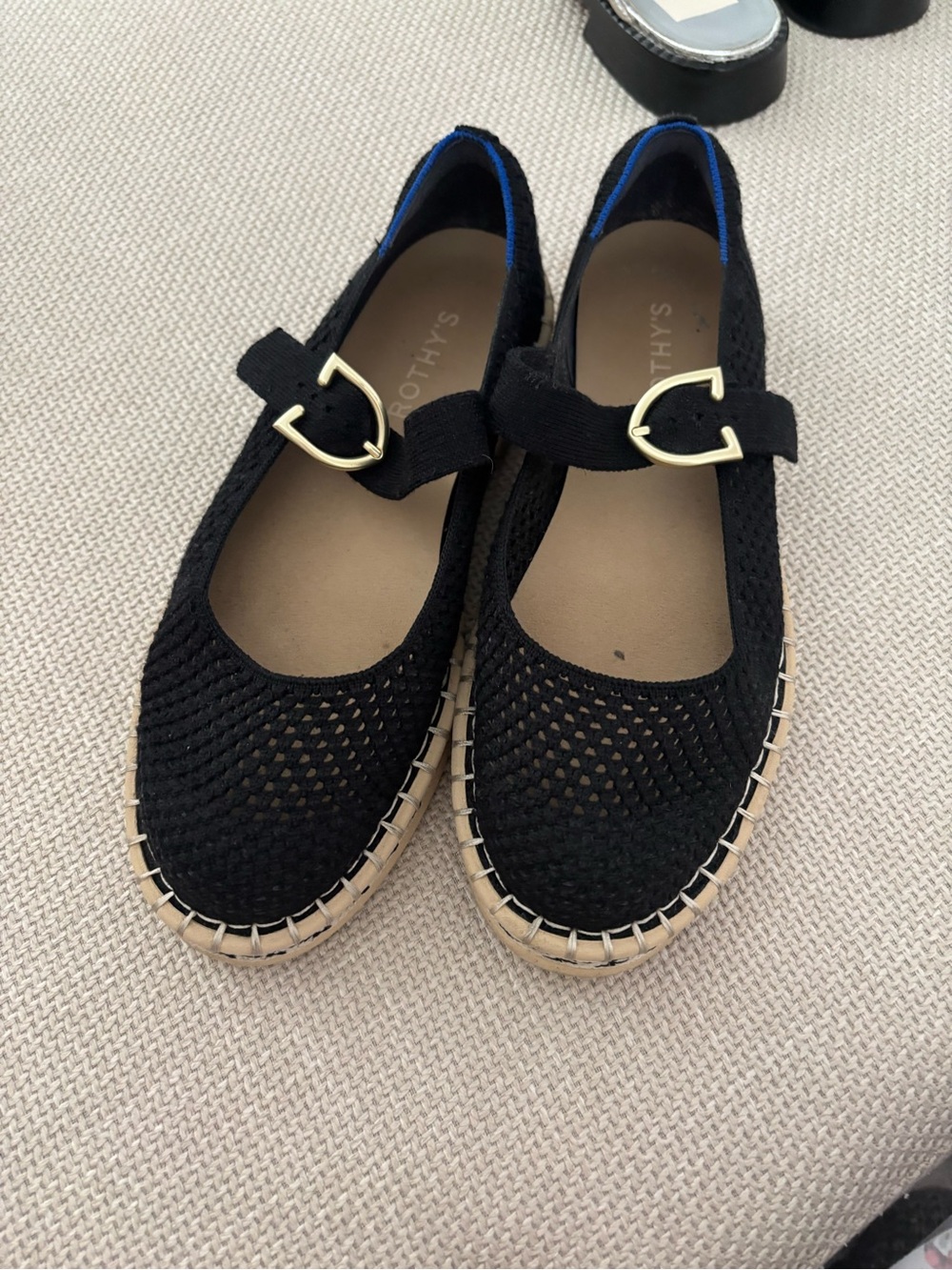 Rothy's Black Knit Mary Jane Flats with Gold Buckles